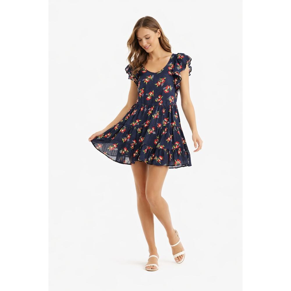 Jill Jill Stuart Floral Babydoll Dress XS Navy Red Ruffle Sleeve Cottagecore